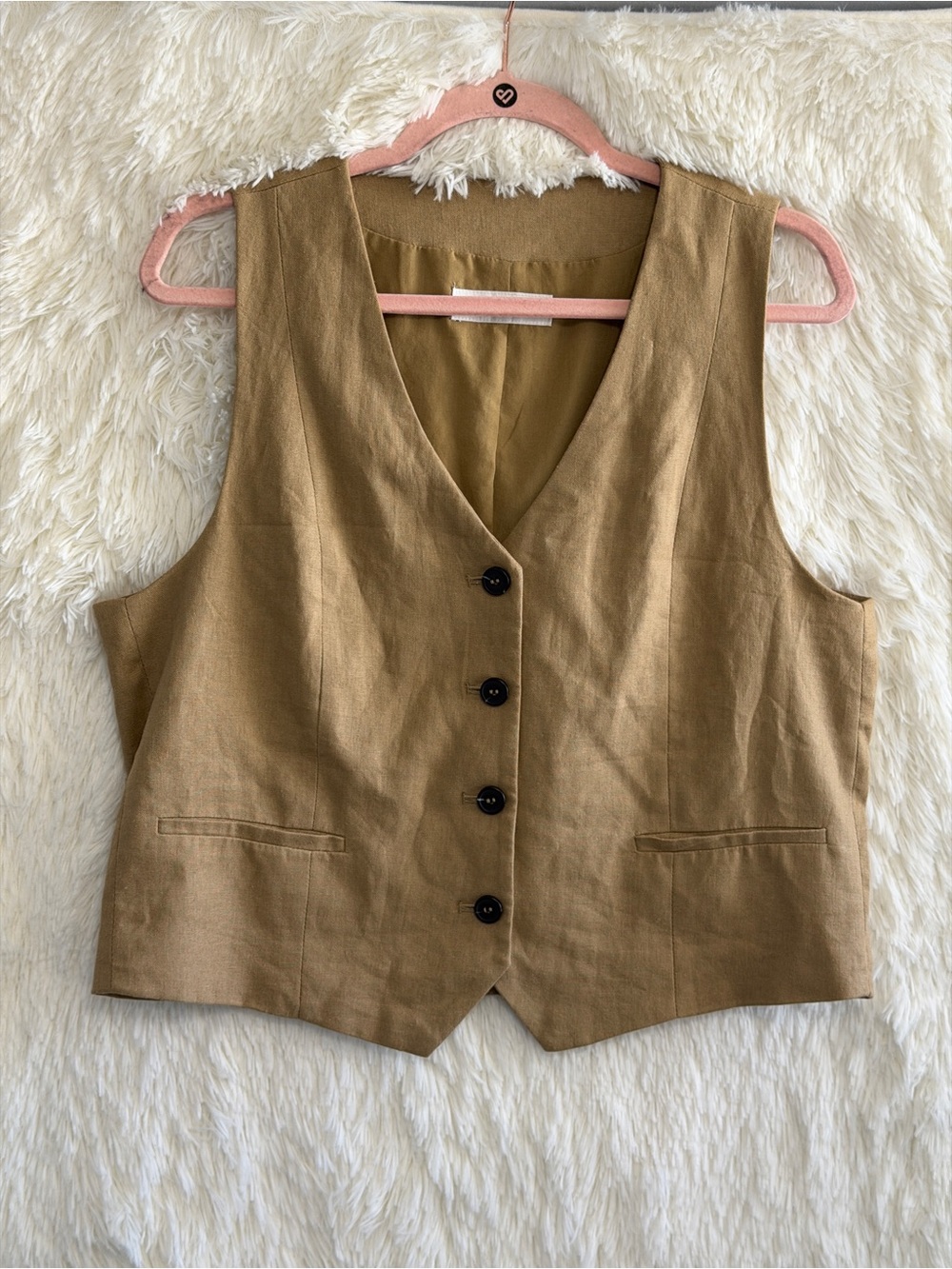 Zara Womens Tailored Linen Blend Waistcoat Size L Khaki Quiet Luxury Old Money